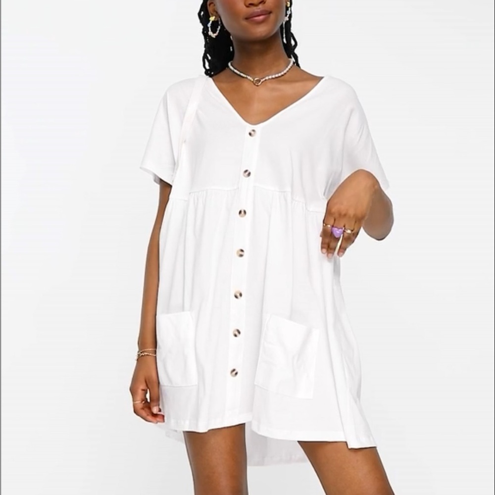 BRAND NEW White Oversized Button Through Mini Smock Dress with Pockets size 8